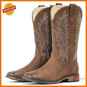 Square Toe Embroidered Cowboy Boots Mid Calf Pull On Western Boots